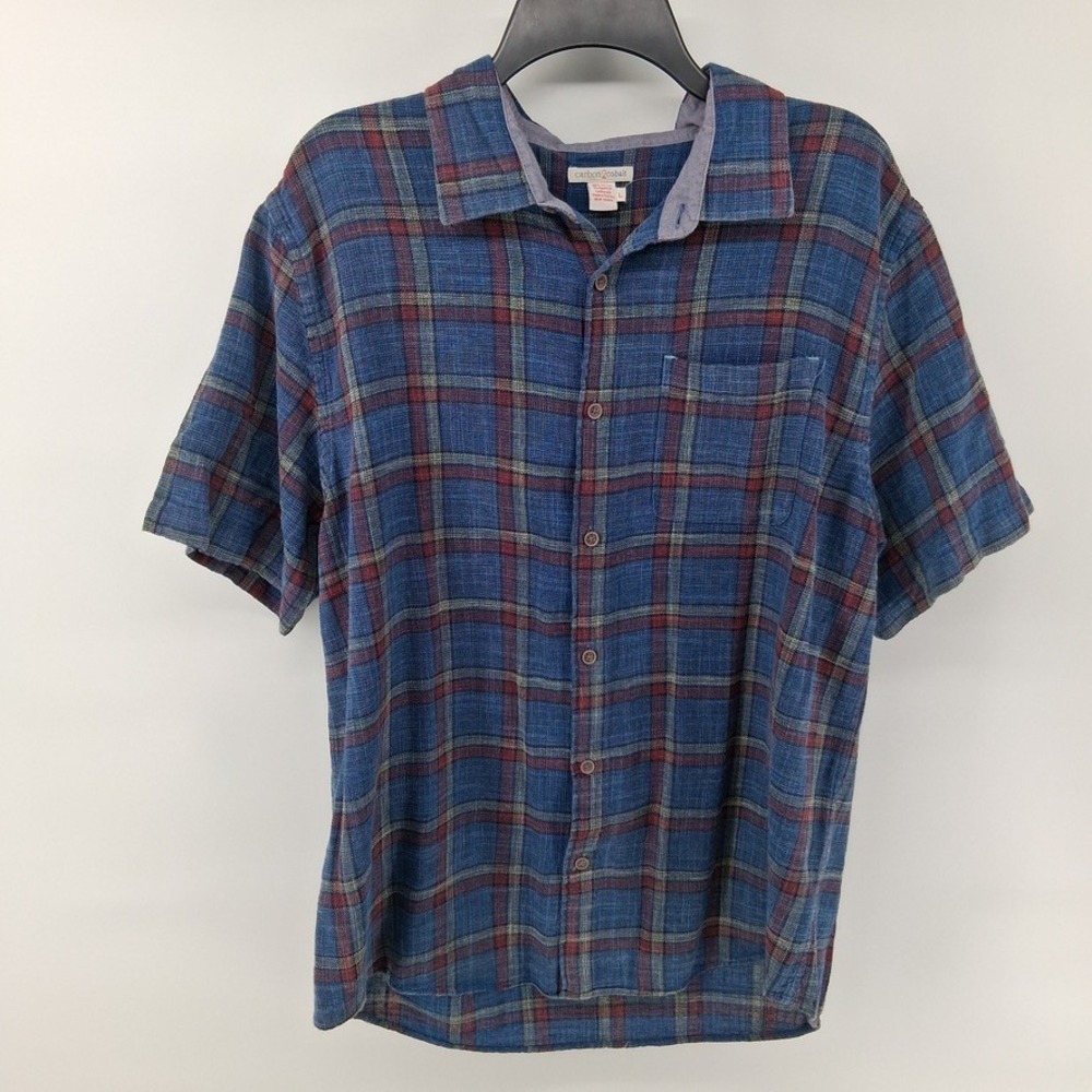 Carbon 2 Cobalt Mens L Blue Plaid Short Sleeve Button Down Shirt Relaxed Cotton